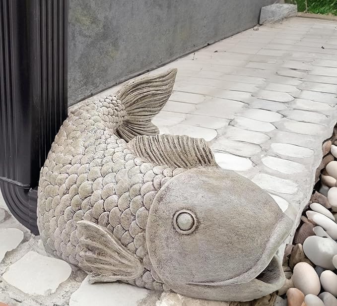 Real Fish Sculpture Gutter Diverter Rain,Eco-Friendly Resin Gutter Extender Diverter,Deco Gutter Extension Downspout, Splash Block, Perfect Rain Gutter Downspout Extension for 3"x4" Downspouts