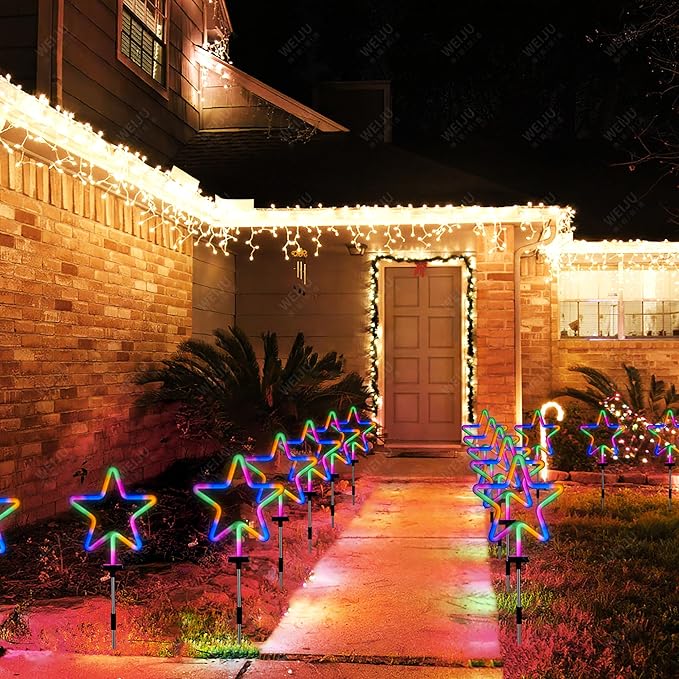 BlcTec Christmas Decorations Outdoor, 4PCS Neon Christmas Star String Lights with Stainless Steel Stakes, Waterproof Star Christmas Lights for Garden, Patio, Yard, Lawn, Pathway Xmas Décor, Multicolor