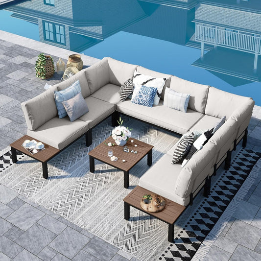Sophia & William Outdoor Sectional Sofa, 9 Piece Metal Patio Furniture Set, Modular Patio Conversation Set-2 x Single Sofa with Side Table, 4 x Single Chairs, 1 x Loveseat, 1 x Tea Table