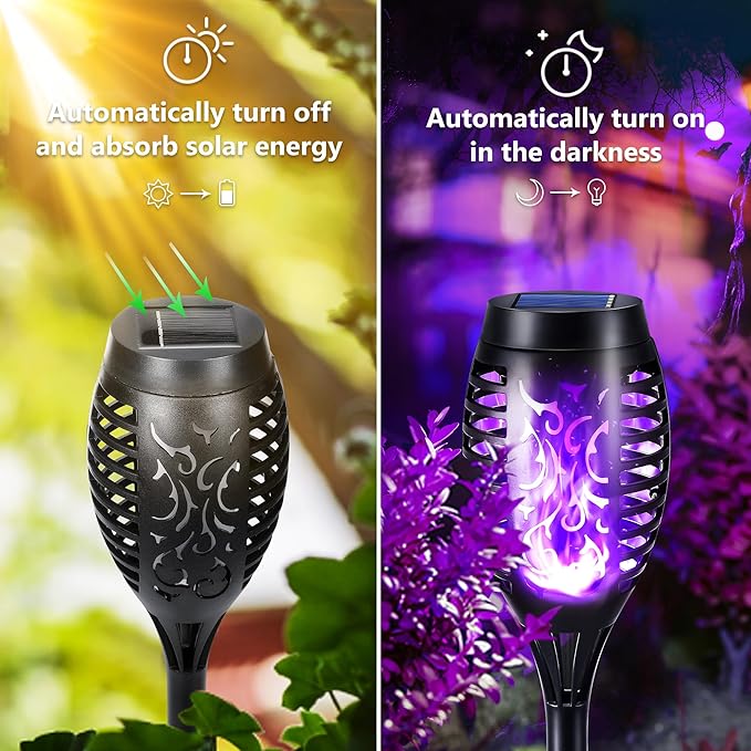 Toodour Solar Torch Flame Lights, 12 Pack Outdoor Flickering Flame Waterproof Pathway Lights Landscape Decoration for Garden, Lawn, Yard - Purple