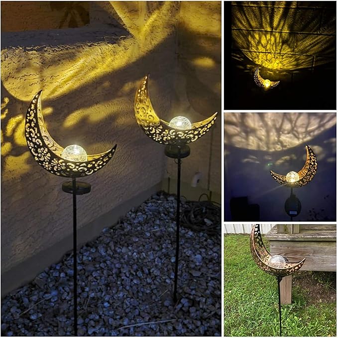 SunKite 1 Pack Garden Solar Light Outdoor Metal Moon Shape Lamp with Waterproof Crackle Glass Globe for Garden,Lawn,Patio,Pathway or Courtyard