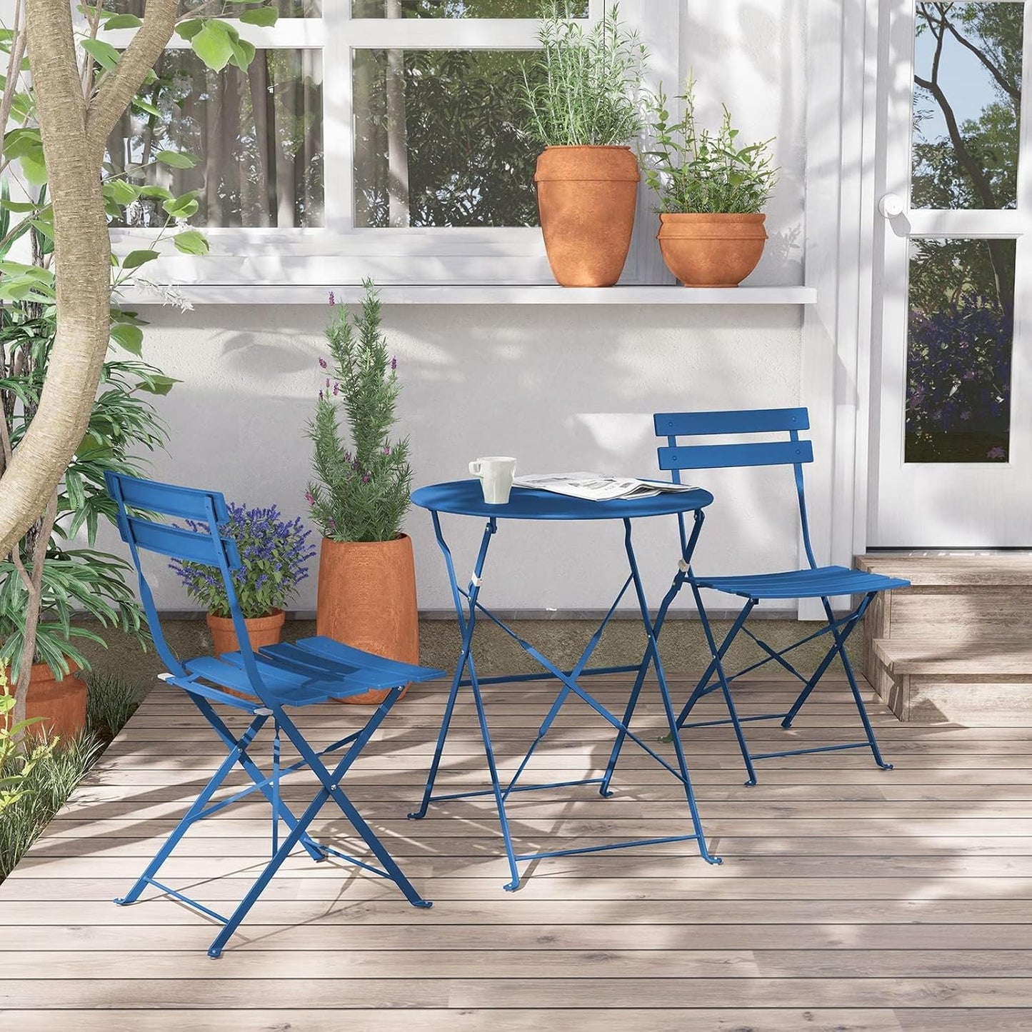 Grand Patio Premium Frame Patio Bistro Set, Folding Outdoor Patio Furniture Sets, 3 Piece Patio Set of Folding Patio Table and Chairs, Peacock Blue