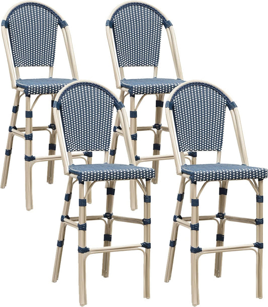 PURPLE LEAF French Bar Stool Set of 4 White Print Finish Patio Bar Stools with Back Rattan Bar Chairs Wicker Bar Height Stool 30" with Footrest Kitchen Island Stools Outdoor Barstool Royal Blue