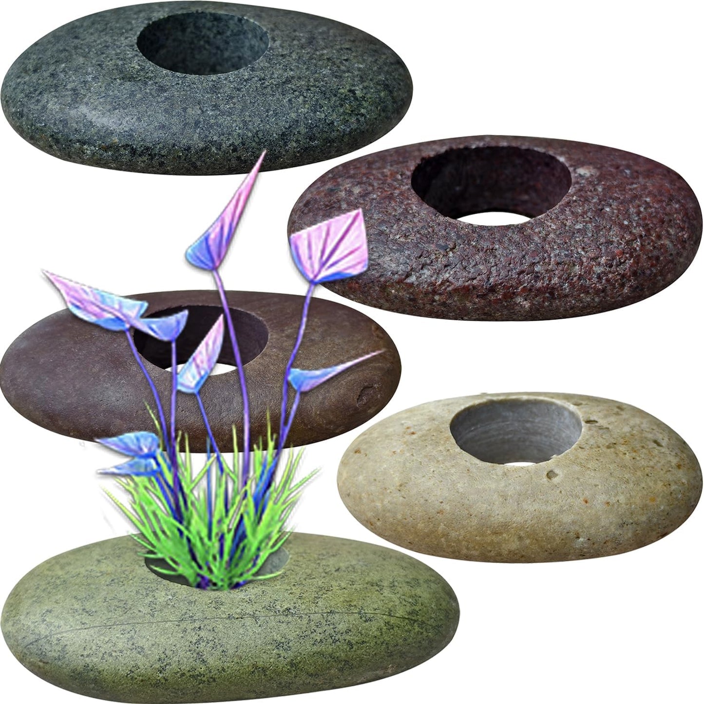 Natural River Stone Plant Weights for Aquarium, Handmade Pebble Anchors for Aquatic Plants, Fish Tank Decorations, Unique Shape & Size, Landscape Plant Weights (1.2″ Hole 5pcs)