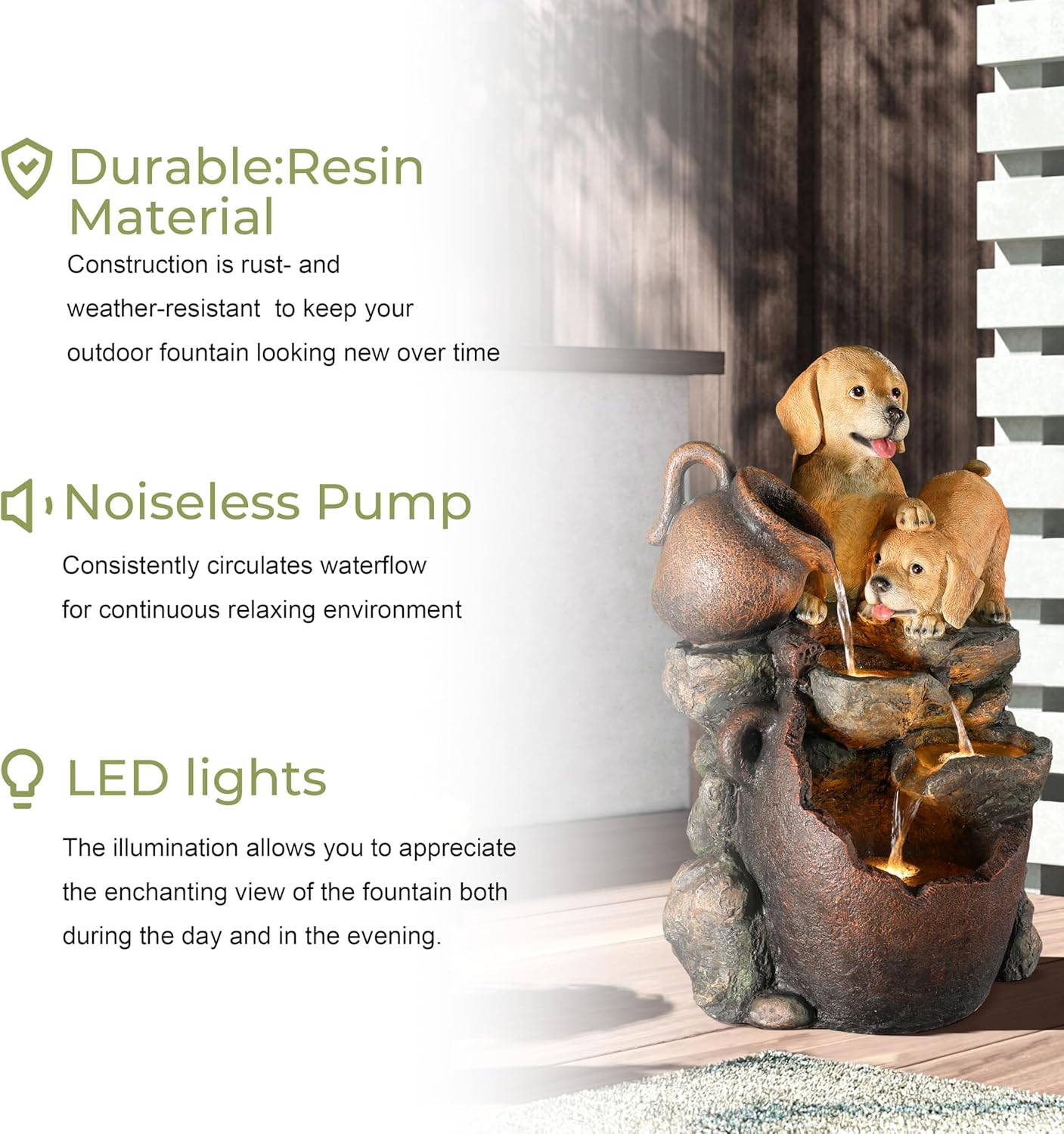 LuxenHome Outdoor Water Fountain, 25 Inch Puppy and Pitchers Pot Resin Water Fountains Indoor with LED Lights, Farmhouse Waterfall Outdoor, Indoor Fountains and Waterfalls for Patio, Garden Decor