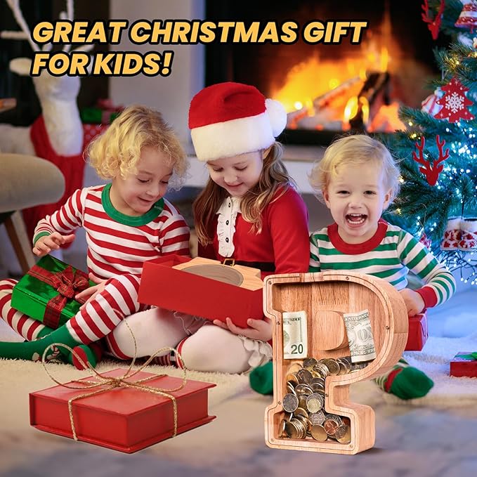 KMC Wooden Letter Piggy Bank, Personalized Initial Piggy Bank for Kids Boys, Clear Alphabet P Wood Money Box, Unbreakable Coin Saving Jar, Birthday, for Children