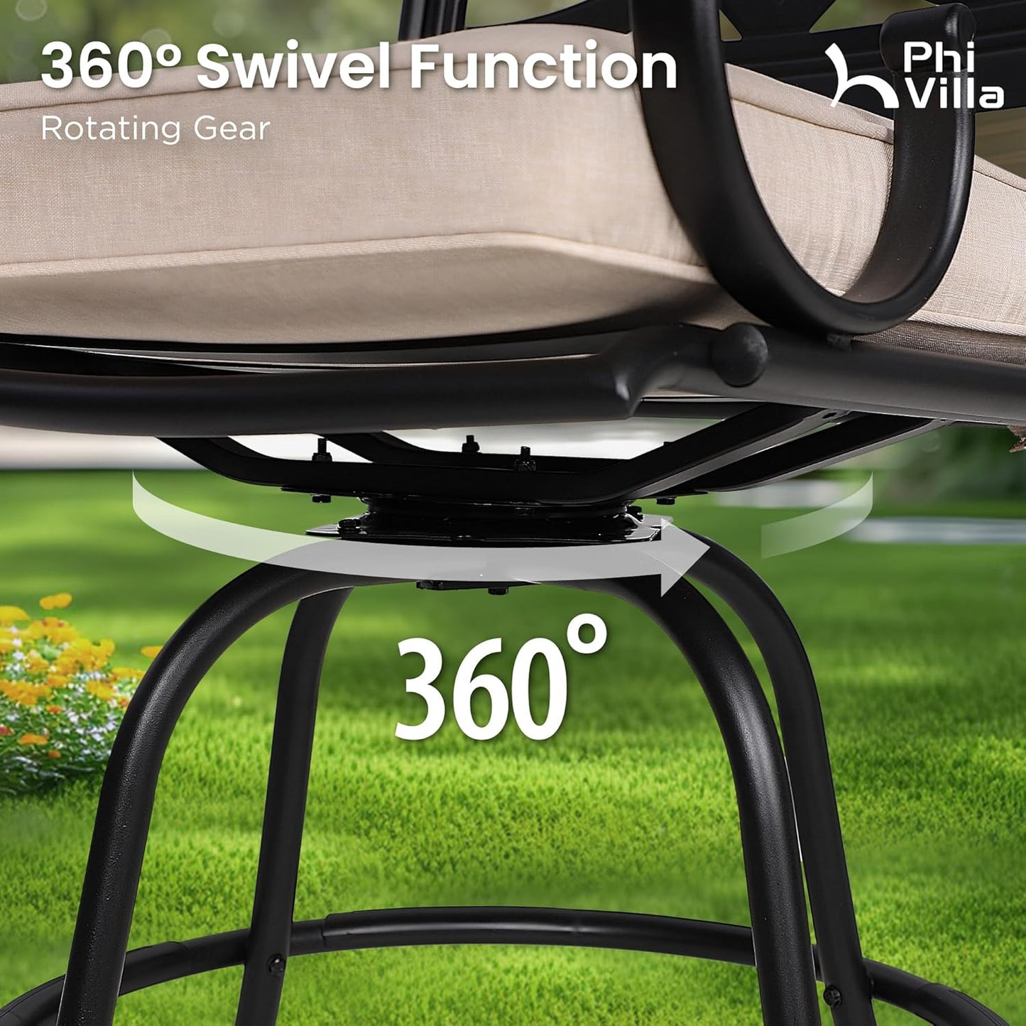 PHI VILLA Outdoor Swivel Bar Stools Set of 2，Patio Counter Height Bar Chairs with Back and Armrest，Metal,Black