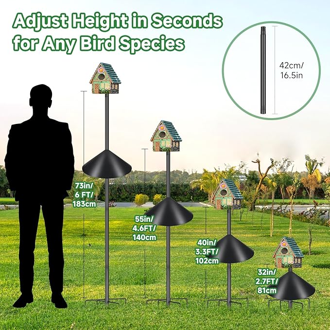 Smart Bird Feeder Pole with Squirrel Baffle & Bath-Heavy Duty Adjustable 3-6.6ft Universal Stand Mount for Backyard&Outdoor Bird Houses/Cameras (80'Pole-Baffle)