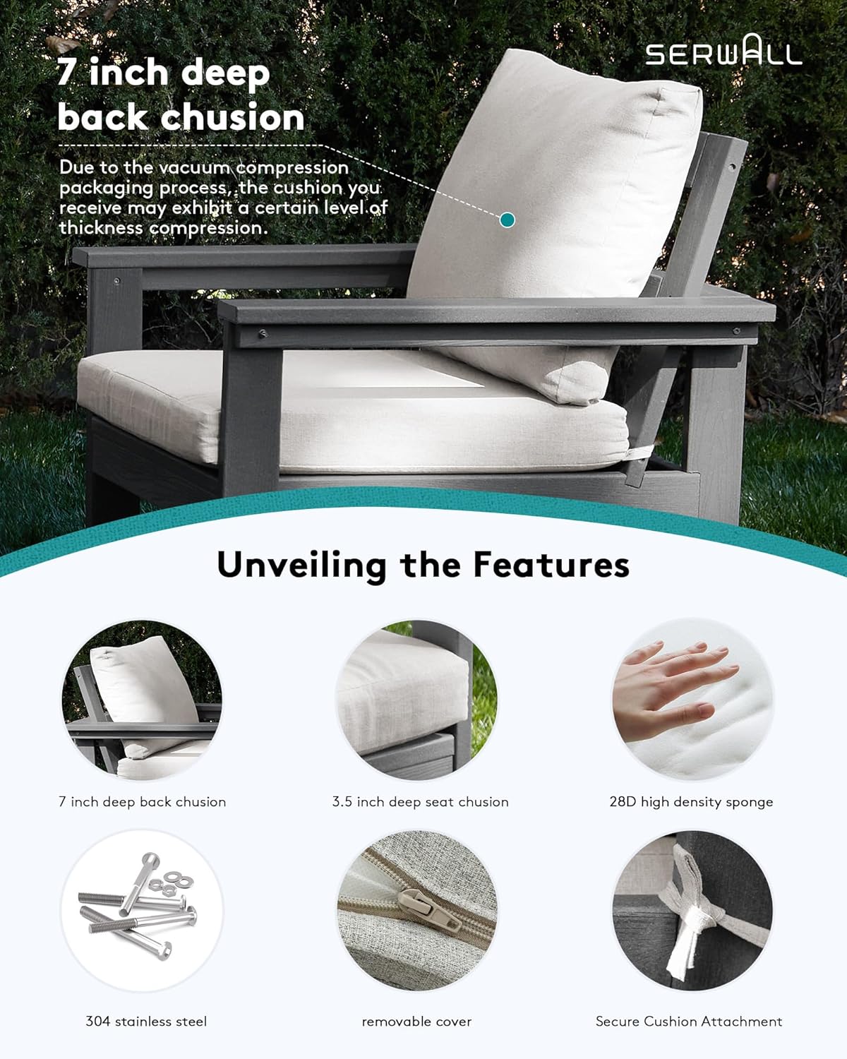 SERWALL HDPE Patio Sofa Set, 3-Piece Sectional Outdoor Furniture Set, All Weather Outdoor Couch Set Patio Furniture Set for Deck, Lawn, Grey Frame with Khaki Cushion