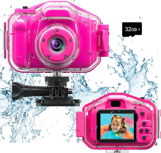 Agoigo Kids Waterproof Camera - Children Underwater HD Video Digital Camcorder, Portable Travel Toy for Toddler - Ideal Christmas Birthday Gifts for Boys Girls Age 3-12 with 32GB Card (Rose Red)