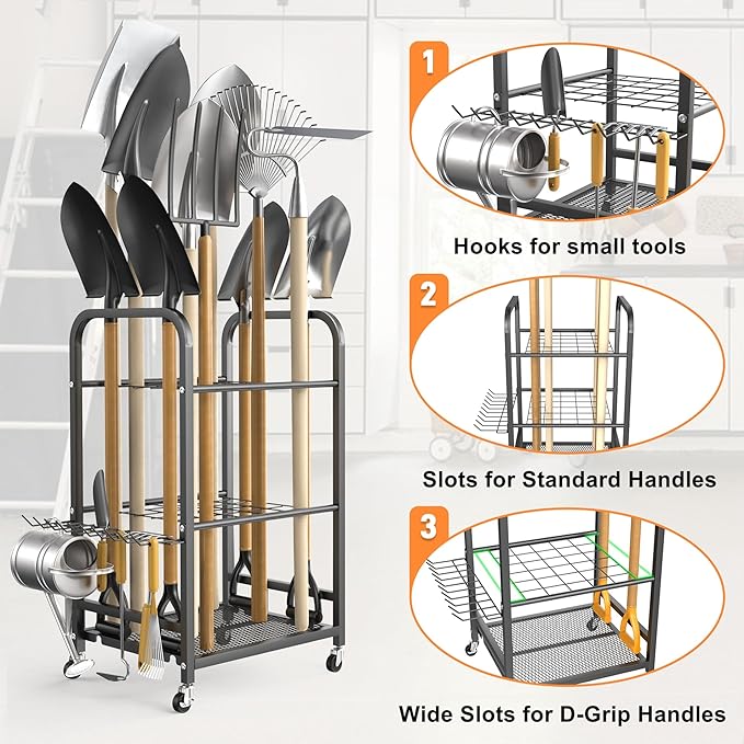 TORACK Garden Tool Organizer Stand with Wheels, Rakes Shovels Yard Tools Stand for Garage, Shed, Garden, Indoor/Outdoor Long-Handled Tools Cart
