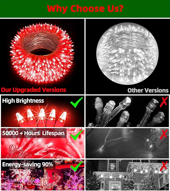 1500 LED Chrstmas String Lights, 492FT Super Long Christmas Lights with 8 Modes, Christmas Tree Lights with Timer Memory for Indoor Outdoor Tree Fence Garden Xmas Wedding Party Decor Red