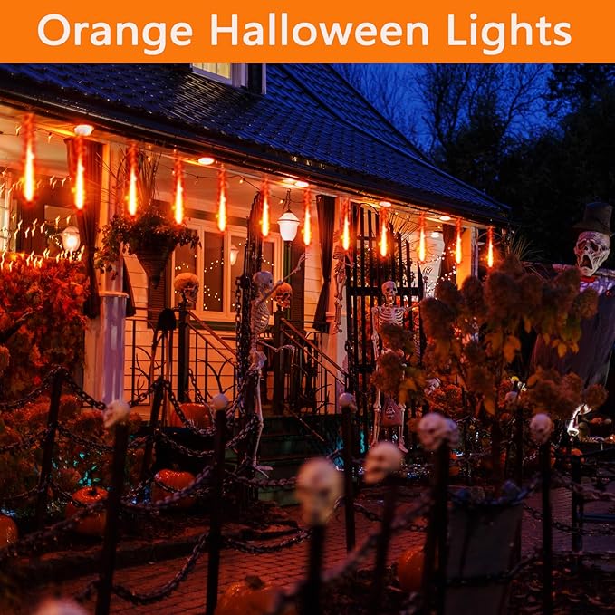 Halloween Decorations Outside, 16 Inch 256 LED Meteor Shower Orange Halloween Lights Outdoor for Yard Tree Windows Eaves, Falling Rain Lights for Christmas Halloween Thanksgiving Fall Decor, UL Plug