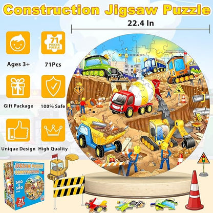 71Pcs Christmas Construction Vehicle Floor Puzzle for Kids 3,4,5,6,7,8,Educational Building Jigsaw Puzzles with Excavator Dumper Monster Truck for Ages 3-5,Learning Toys Gift for Girls and Boys