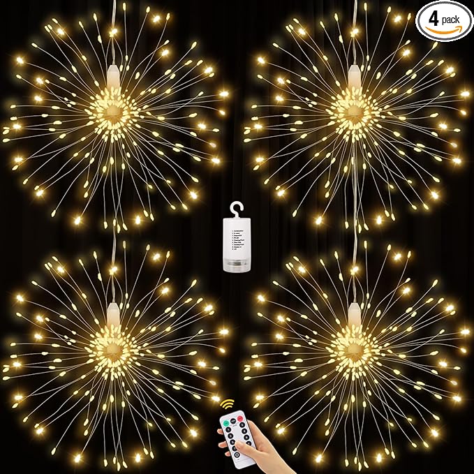 4 Pack Firework Lights - 120 LED Copper Wire String Lights with 8 Modes, Dimmable, Remote Controlled, Waterproof for Party, Home, Christmas, Garden, Outdoor Decoration