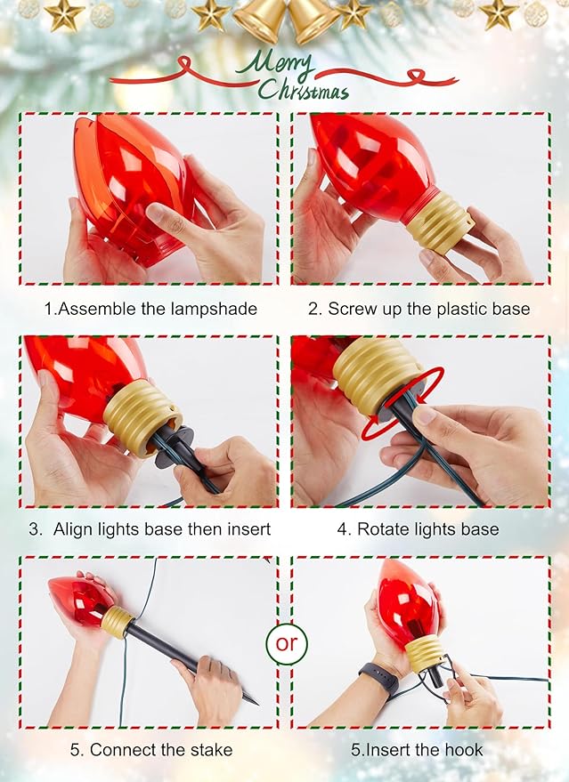 Jumbo C9 Christmas Lights Outdoor Decorations Lawn with Pathway Marker Stakes, 8.5 Feet LED Lights Covered Jumbo Multicolored Light Bulb for Holiday Outside Yard Garden Decor, 5 Lights