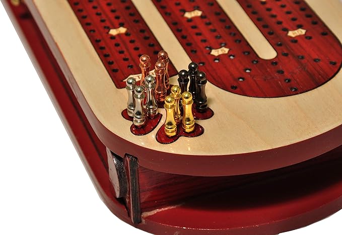 Palm Royal Handicrafts 4 Track Continuous Wooden Cribbage Board Inlaid in Blood Wood and Maple Storage Available