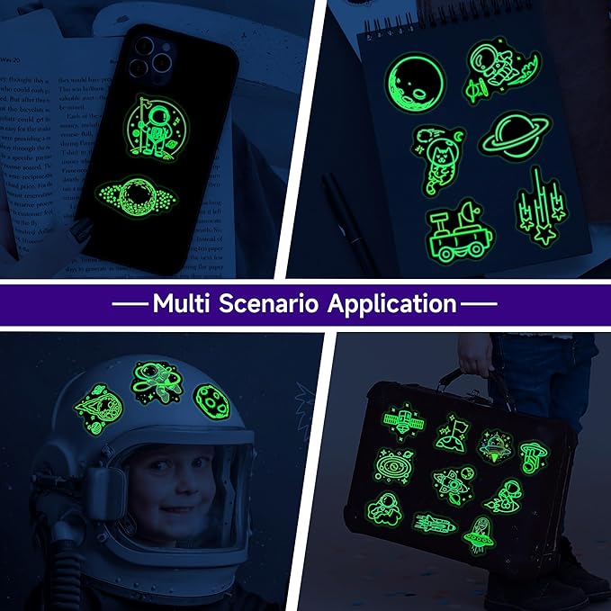 52 Pcs Neon Astronaut Stickers for Kids Glow in The Dark, Waterproof Space Sticker for Water Bottle, Vinyl Laptop Decals for Teens Girls Boys, Students Adults Sticker Pack