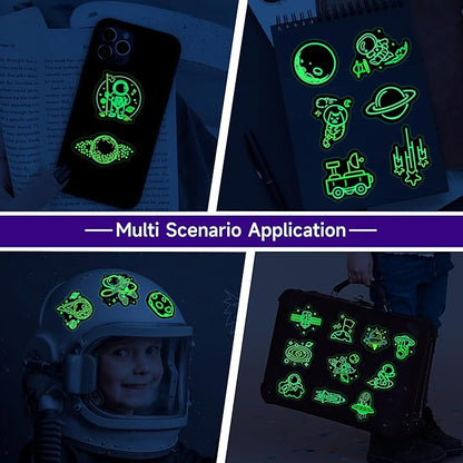 52 Pcs Neon Astronaut Stickers for Kids Glow in The Dark, Waterproof Space Sticker for Water Bottle, Vinyl Laptop Decals for Teens Girls Boys, Students Adults Sticker Pack