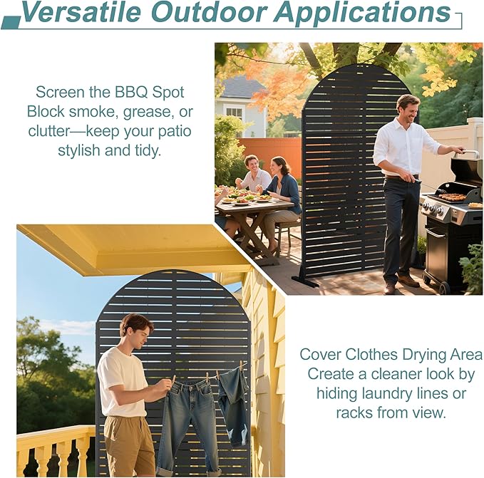 FENCY Metal Privacy Screen with Stand 72" H×47" W Outdoor Freestanding Privacy Panels, Arched Outdoor Privacy Screen for Deck Patio Balcony(Black-Louvered)