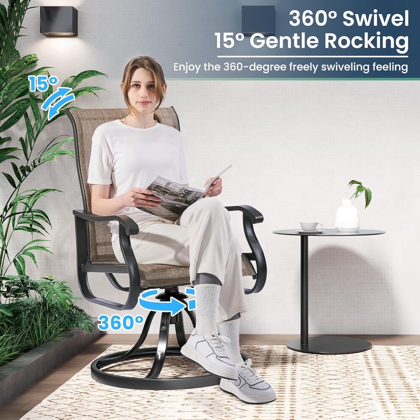 Amopatio Patio Swivel Chairs Set of 8, Outdoor Swivel Rocker Dining Chairs with All Weather Textilene High Back & Metal Frame, for Backyard Deck Lawn Garden, Brown