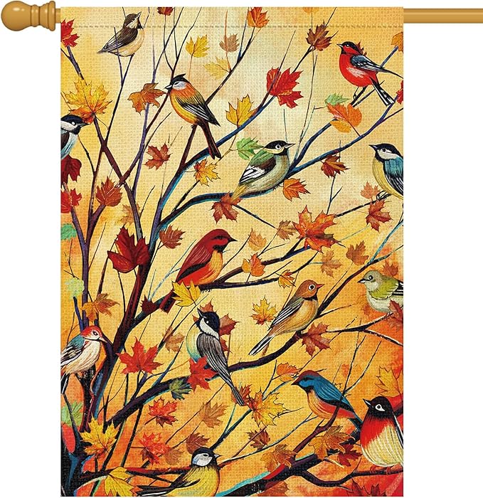 Louise Maelys Welcome Fall Garden House Flag 28x40 Inch Double Sided, Autumn Maple Tree Birds Large Burlap Garden Flag Fall Thanksgiving Outside Outdoor House Yard Decor (Only Flag)