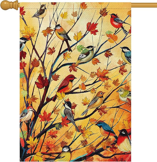 Louise Maelys Welcome Fall Garden House Flag 28x40 Inch Double Sided, Autumn Maple Tree Birds Large Burlap Garden Flag Fall Thanksgiving Outside Outdoor House Yard Decor (Only Flag)