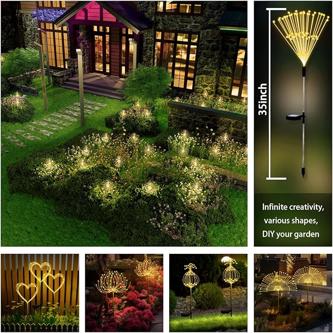Honche Solar Garden Lights, 2 Pack Decorative Solar Outdoor Lights Weatherproof IP65 8 Lighting Modes Firework Lights for Garden Patio Counrtyards Pathway Parties (WarmWhite-8LightingMode-Oval)