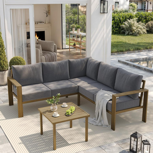 UDPATIO 6 Piece Patio Furniture Set, Faux Wood Metal Outdoor Sectional Sofa with 6" Thick Olefin Cushions, Wide Armrest & Coffee Table, L Shaped Outdoor Furniture for Garden, Backyard Dark Grey