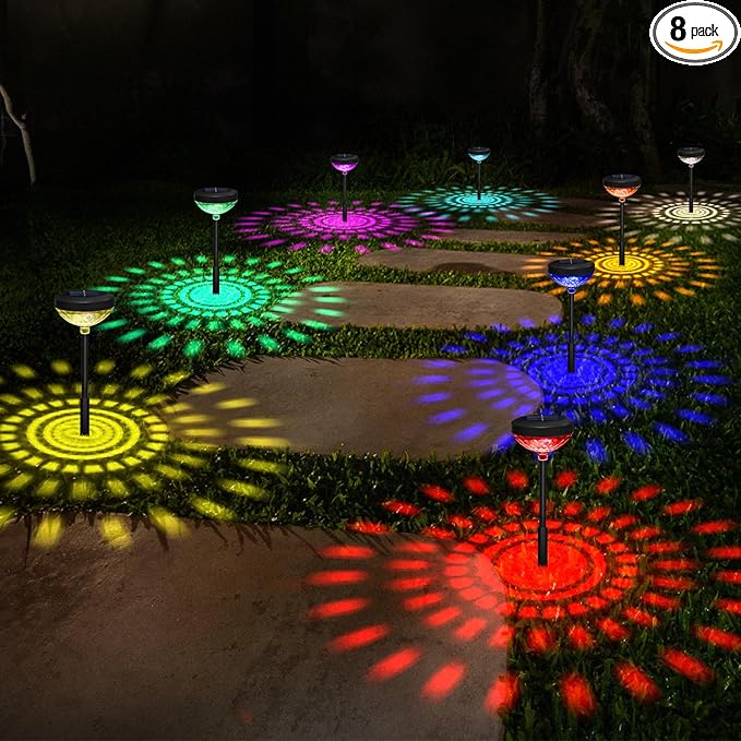 pearlstar Bright Solar Pathway Lights 8 Pack,Color Changing+Warm White LED Path Lights Outdoor,Solar Garden Light Outdoor Waterproof for Walkway Yard Backyard Lawn Landscape Decorative