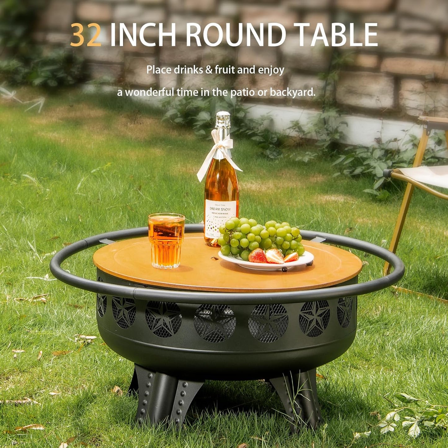 32 Inch Fire Pit with Swivel Cooking Grate,3-in-1 Wood Burning Firepit with Grill,Outdoor Fire Pits Table with Metal Lid and Poker for Outside Patio Backyard BBQ Bonfire Camping (32 Inch)