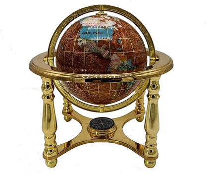 Unique Art 10-Inch Tall Table Top Amber Pearl Swirl Ocean Gemstone World Globe with Gold Tripod Stand (Amber-4 Leg-Gold)
