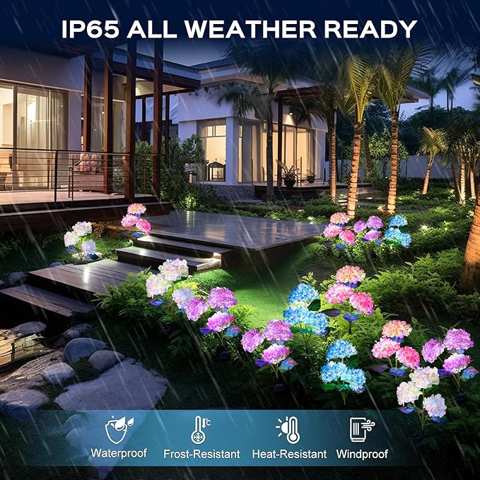 4 Pack Solar Garden Lights Outdoor, Colorful LED Waterproof Solar Powered Hydrangea Flowers Landscape Lights for Outside Yard, Patio, Pathway Decorative, Décor, Two Lighting Modes