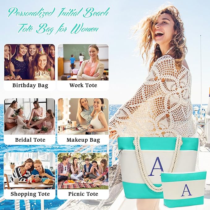 YOOLIFE Beach Bags for Women - Initial Tote Waterproof Bag with Makeup Bag, Mothers Day Gifts for Women Mom Friend Birthday