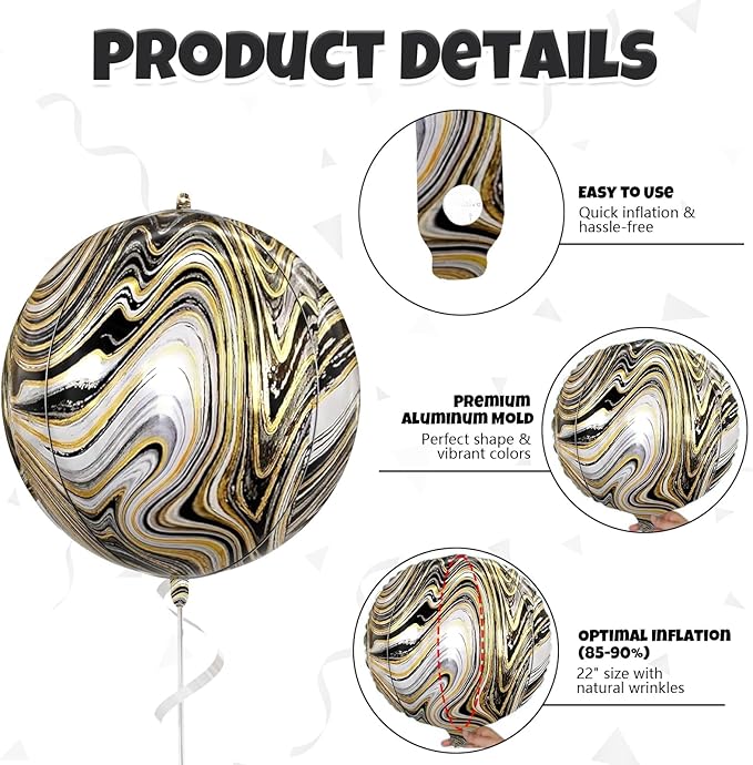 6 Pcs Black Gold and White Balloons, Saxuxu Black and Gold Balloons, 22 Inch Big Round Foil Balloon for Graduations Birthday Party Baby Shower Wedding Decorations