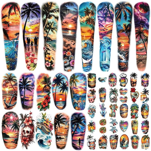 48 Sheets Temporary Tattoos for Adults - Tropical Waterproof Arm Tattoo Stickers with Hawaiian Beach Palm Trees Sunset Flowers, Large Full Arm Fake Tattoo Body Art for Men Women Teens for Summer Party
