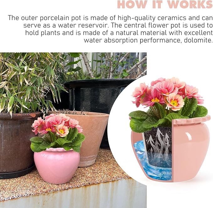 8in Pink Ceramic Pot Self Waterring Terracotta Planter Maintenance Plant Seeder Planting Flower Pot Design Self Watering Planter for Indoor Plants African Violet Planter Pot