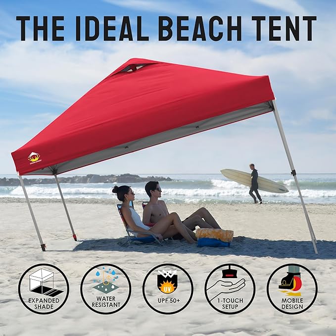 CROWN SHADES 10x10 Pop Up Canopy Tent - Patented Center Lock One Push Instant Outdoor Canopy Beach Tent with STO-N-Go Bag 8 Stakes & 4 Sand Bags，Red