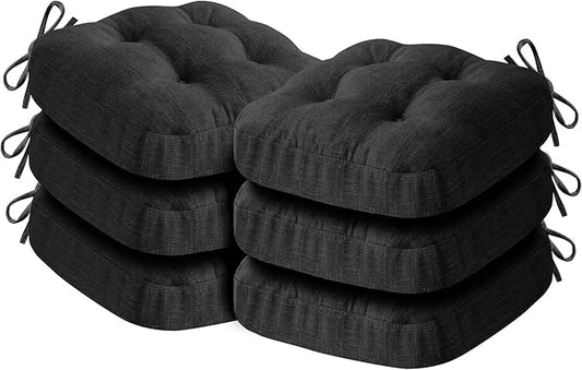 Chair Cushions for Dining Chairs, Dining Chair Cushions, Tufted Indoor Chair Pads with Ties & Non Slip Backing, Seat Cushions for Kitchen Chairs 16.5” x 16.5” x 3.5”, Set of 6, Black