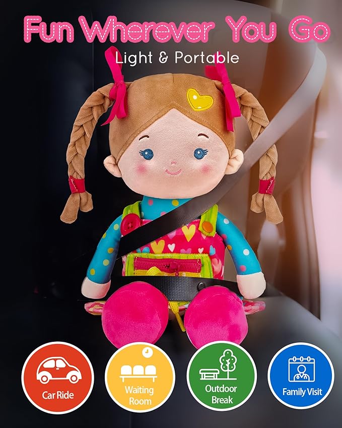 LeyaDoll Educational Soft Baby Doll(16''), Learning Sensory Doll for Toddlers, Montessori Toys for 2-Year-Old Girls Christmas, Birthday Gifts, Plush Doll with Zipper, Shoelace, Button-Busy Sweetheart