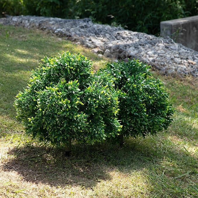Premium 16" Diameter Artificial Japanese Boxwood Topiary – Set of 2 Faux Plants with Ground Spikes – UV-Resistant, Realistic Outdoor & Indoor Garden Décor – Weatherproof and Durable