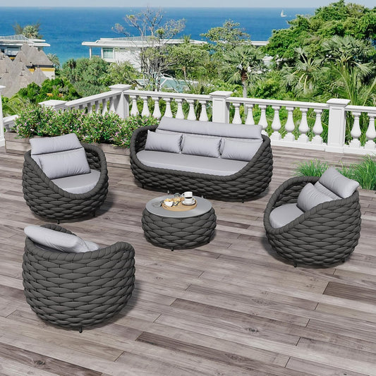 Aluminum Woven Rope Patio Furniture Set: 5 Pieces Assembled Outdoor Conversation Sofa Set for 6 - Modern Metal Couch Set Cushioned - All Weather Porch Seating for Deck Garden Lanai Hotel Resort