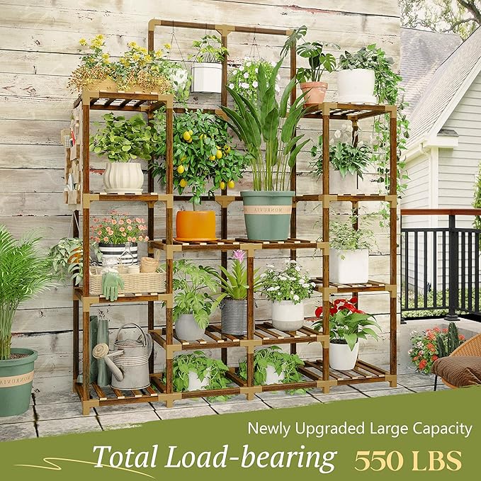 EnHomee Large Plant Stand Indoor Outdoor Wood Tiered Plant Shelf for Multiple Plants 6 Tiers with 12 Potted Plants Holder Tables 44.9" W x 11.8" D x 62.2" H