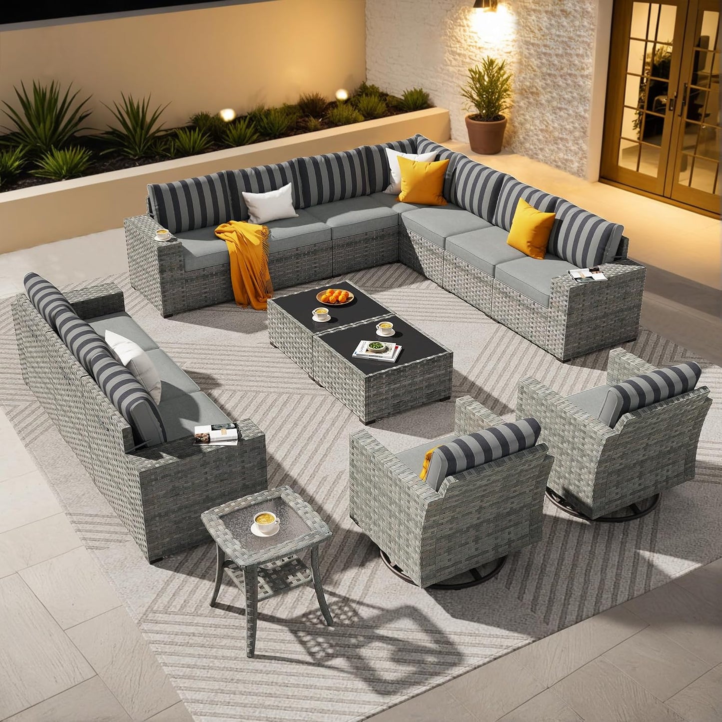 ovios 15 Pieces Patio Furniture Set, Outdoor Wicker Sectional Sofa with Swivel Chairs Coffee Table, Modern Modular Deep Seat Rattan Couch Conversation Sets, Dark Gray Stripe