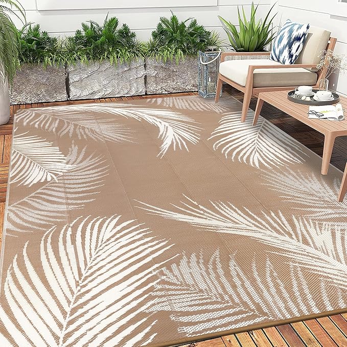 Pauwer Waterproof Outdoor Rug 10x14, Reversible Plastic Straw Patio Camping Rug, Indoor Outdoor RV Mat Carpet for Deck, Camper, Porch, Balcony, Backyard, Picnic, Leaf Brown