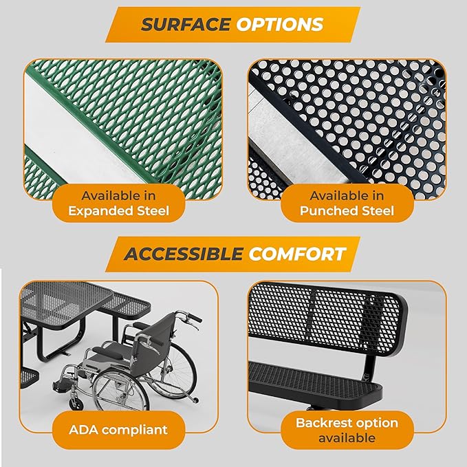 Metal Picnic Tables for Outdoors with Umbrella Hole - Coated Steel Heavy Duty Commercial Grade Table with Adjustable Seats (Brown, 46 in, Square, Expanded Steel)