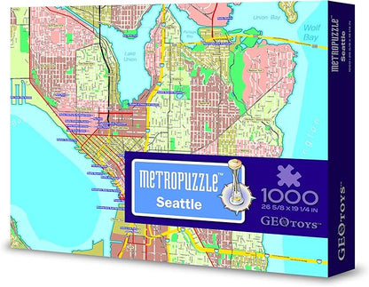 GeoToys Metropuzzle, Seattle Map Jigsaw Puzzles 1000 Pieces - 27 x 19 Detailed Geography Puzzle, Challenging Adult Puzzle, Fun Puzzles for Adults, Map Poster Included for Adults