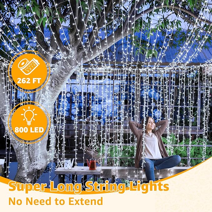 Ollny Outdoor String Lights 800LED 262FT, Cool White Waterproof Fairy Light with Remote Plug in, 8 Modes Timers Dimmable Christmas Lights for Outside Indoor Bedroom Patio Camping Garden