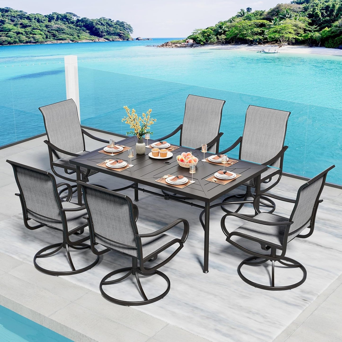 PHI VILLA 7 Piece Outdoor Patio Dining Set, 6 Swivel Patio Chairs & 1 Rectangular Large Metal Table, All Weather Dining Furniture Set for Lawn Garden (Gray)