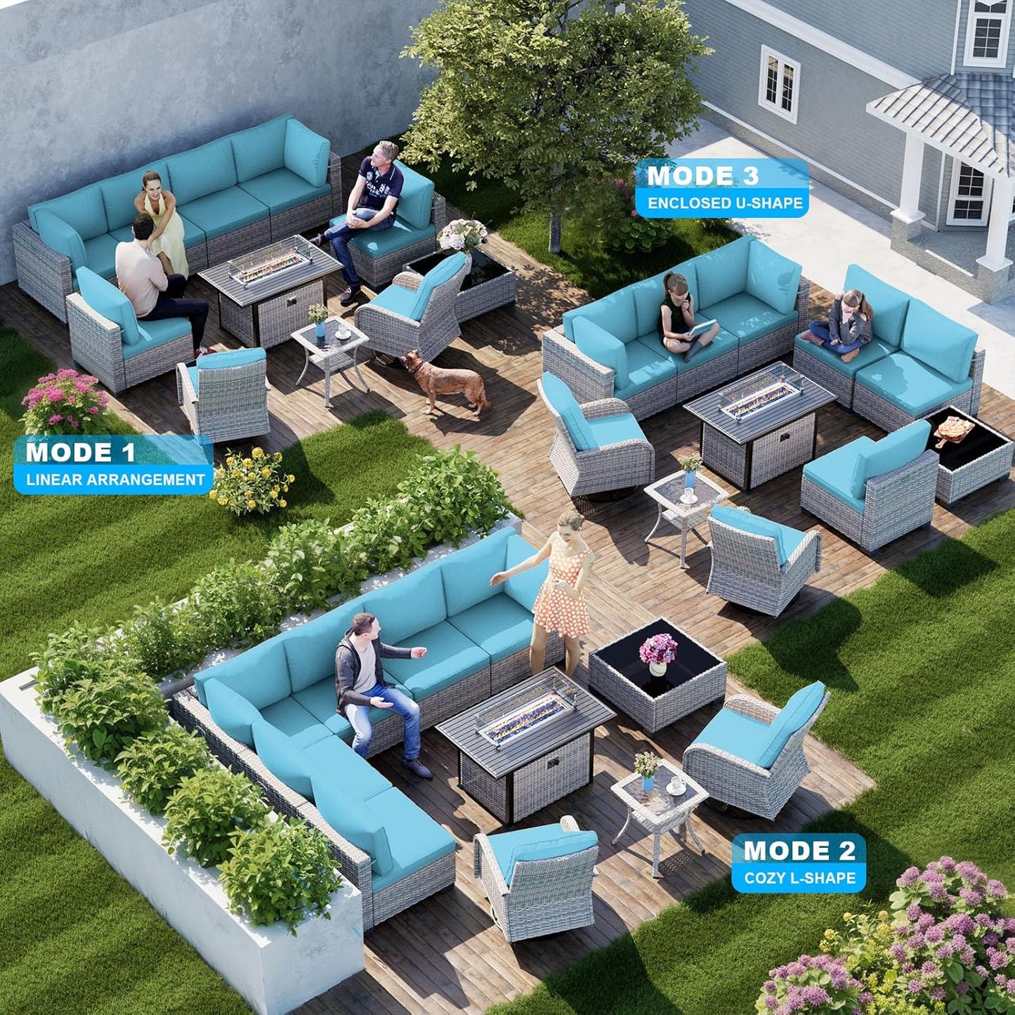 11-Piece Patio Furniture Set, Outdoor Patio Furniture with 55,000 BTU Fire Pit Table, Swivel Chairs Set, Thick Cushions, Modular Patio Sofa, Dual-Strand Wicker Rattan, Rust-Resistant Frame, Lake Blue